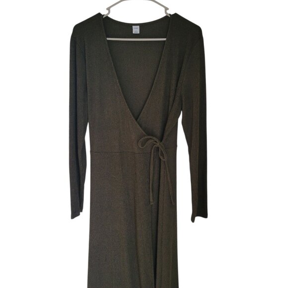 Olive Ribbed Knit Wrap Dress - Picture 3 of 4